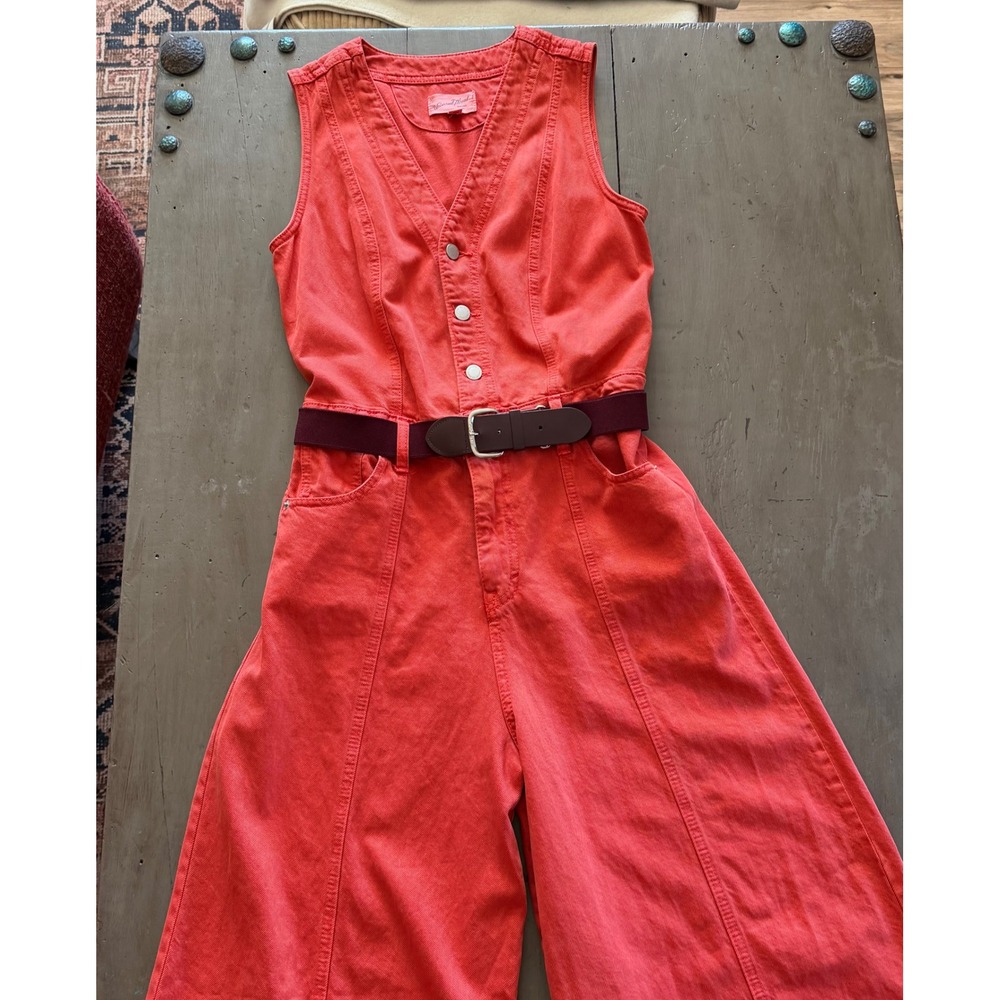 Coastal Cowgirl Coral Denim Wide Leg 70s Western Boho Jumpsuit Size 6